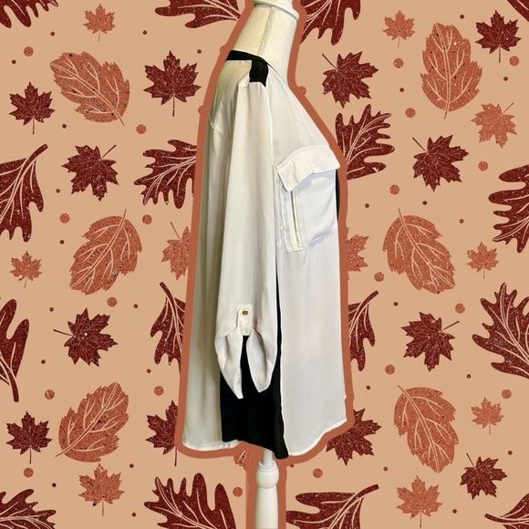 Lane Bryant Black & White Popover Roll-Tab Sleeve Blouse w/ Breast Pockets 26/28 - Picture 11 of 12